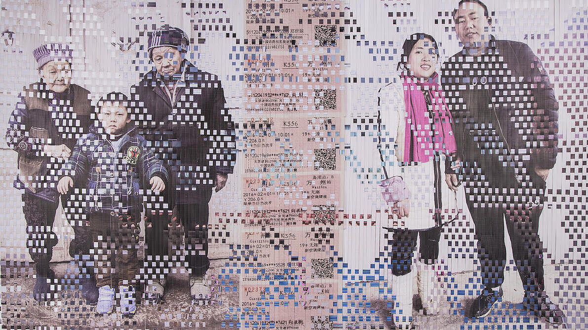 On the left side of this photo mosaic are an old woman and an old man, in front of them a little boy - all in warm winter clothes. In the middle there are tickets. On the right side there is a middle-aged Chinese couple, the woman is wearing a white jacket and a pink scarf