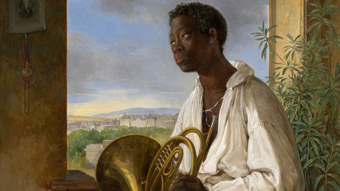 Eine Malerei, die den „afrikanischen Europäer“ Emmanuel Rio mit einem Horn in der Hand abbildet.