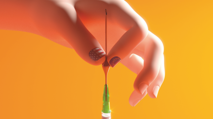 An illustration of a hand holding a syringe upside down. A red needle goes into the palm of the hand. A bubble forms in the middle of the needle. The thumbnail is painted with the US flag, the index fingernail with the European flag.