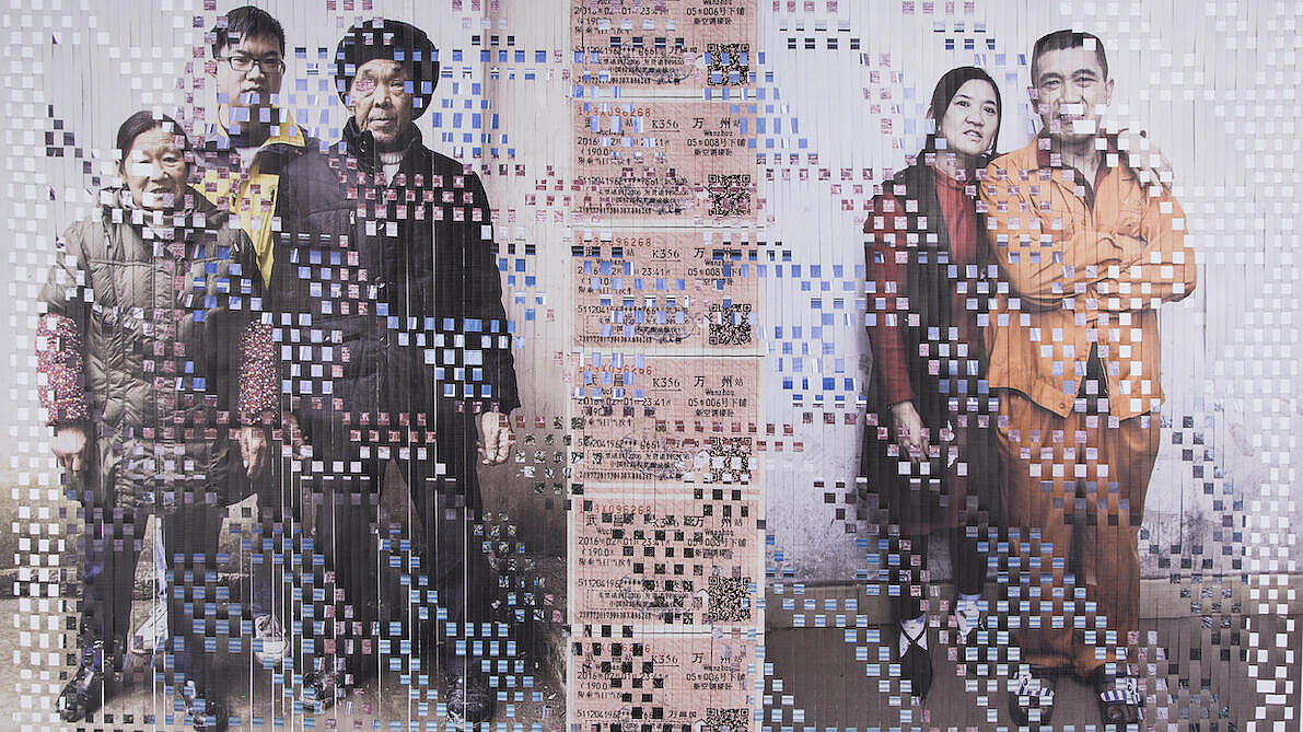 An old woman and an old man are standing on the left hand part of this photo mosaic. Behind them stands a young man, wearing glasses and a yellow jacket. In the middle strip there are tickets. On the right half of the photo mosaic is a middle-aged Chinese couple.  