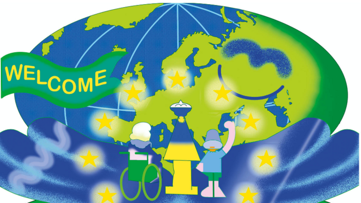 On a globe directed to Europe in green. The sea shown in blue. On the left a Welcome lettering in yellow. A woman in a wheelchair from behind and another person from behind are looking at the globe. 