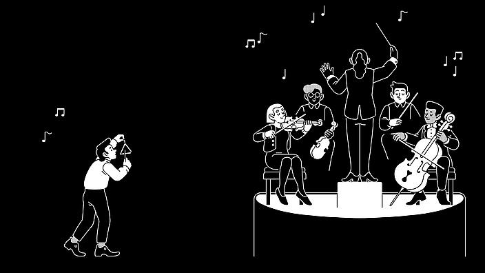 White illustration on black background shows a small orchestra playing together on a podium on the right, and a single triangle player standing excluded from the central action on the left, eager to join in.