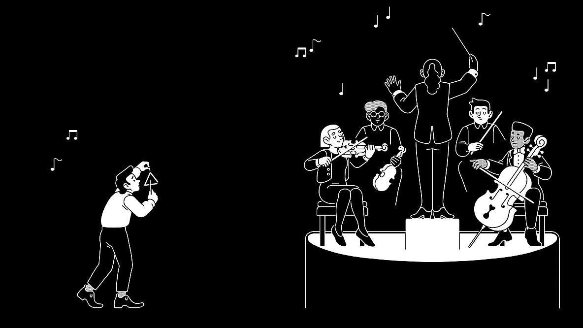 Weiße Illustration auf schwarzem Grund zeigt ein kleines Orchester, das rechts gemeinsam auf einem Podium spielt, und einen einzelnen Triangelspieler, der ausgeschlossen vom zentralen Geschehen auf der linken Seite steht und gern mitspielen würde.