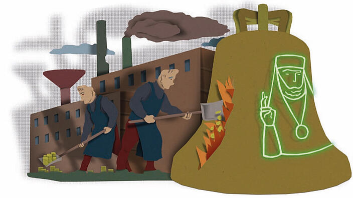 Eine Illustration mit rauchenden Schornsteinen auf Fabrikgebäuden und einer Glocke, auf der ein orthodoxer Geistlicher abgebildet ist. Zwei Männer im Vordergrund mit dunklen Arbeitsschürzen schaufeln Münzen in ein Feuer, das ebenfalls auf die Glocke aufgemalt ist.