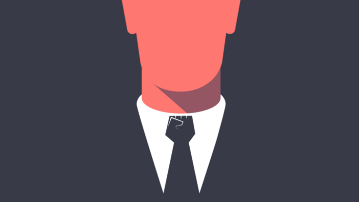 On the illustration is a portrait of a man with suit. The head is cut. The face is a red area. 