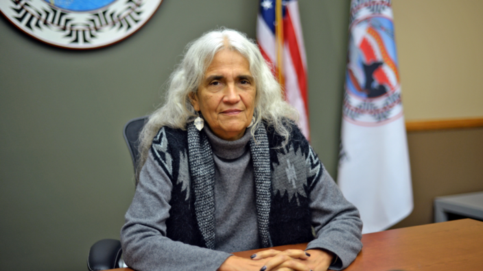 A slightly older woman sits at a desk with folded hands, behind her two flags are vaguely visible. She has long white hair, wears silver earrings and a gray sweater with an overcoat. She looks directly into the camera.