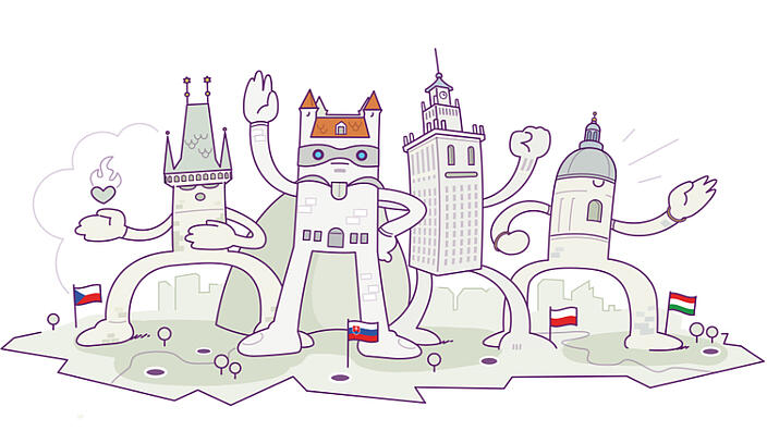 Eine Illustration von vier Figuren, die Wahrzeichen/Gebäude der Städte Prag, Budapest, Warschau und Bratislava darstellen. 