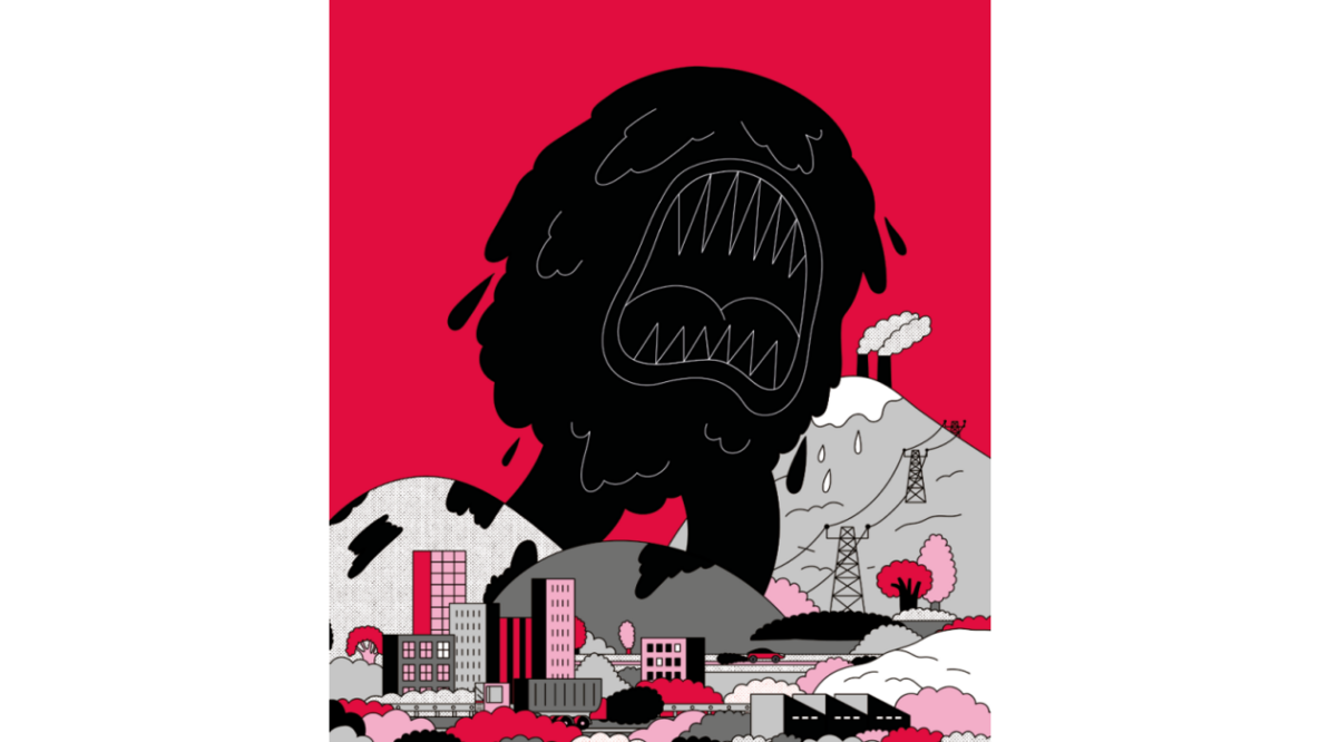 Eine Illustration einer Stadt mit Industriegebiet in schwarz, weiß und rot. Über der Stadt hängt eine sehr große schwarze Rußwolke, auf die ein offener Mund mit spitzen Zähnen gezeichnet ist.