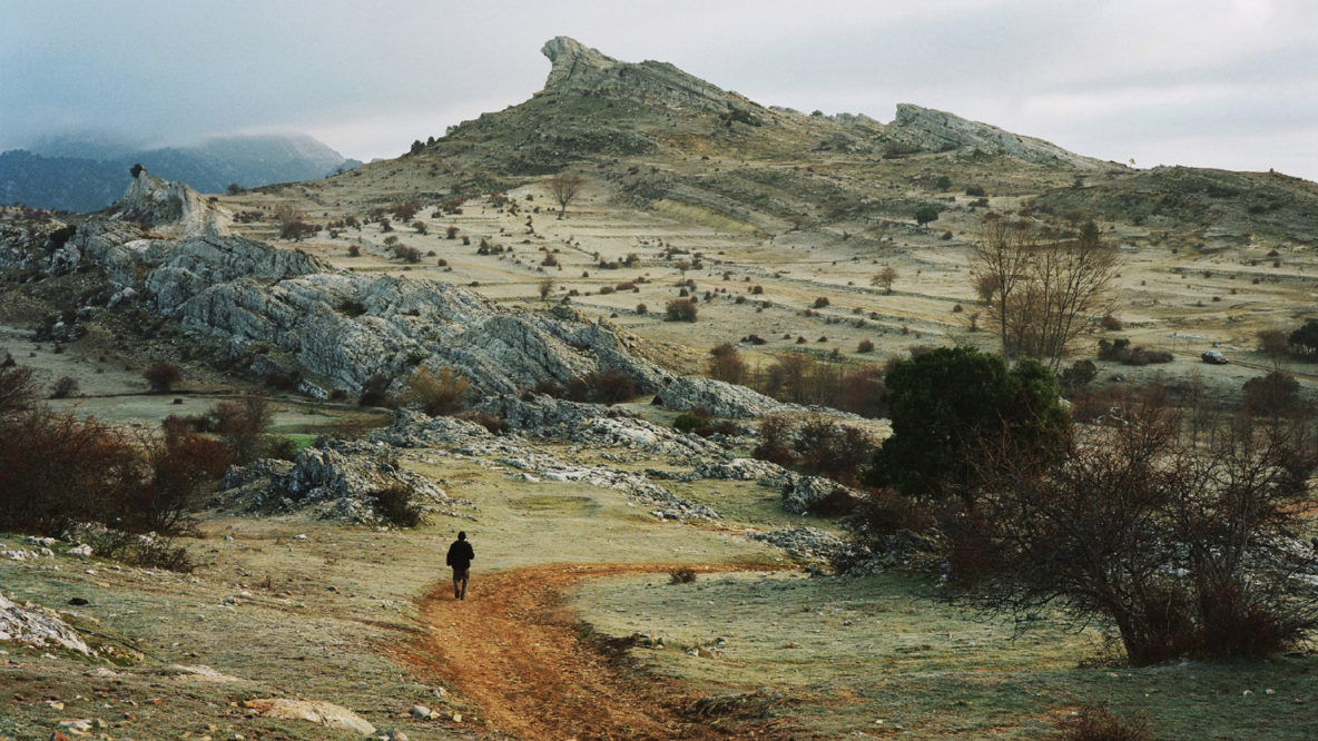 We see a person from behind walking along a path about 50 meters away towards a mountainous landscape.