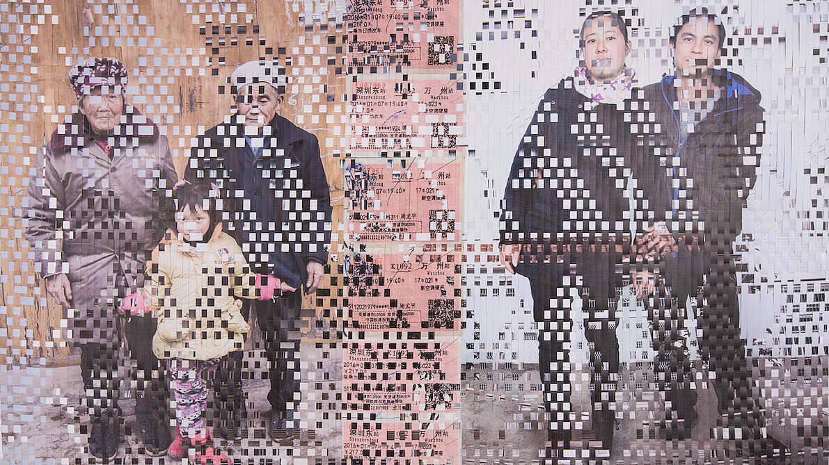 On the left hand part of this mosaic are an old woman and an old man, in front of them stands a young child with colorful pants and thick jacket. On the middle strip there are tickets. On the right stands a middle-aged Chinese couple, both in dark outerwear.