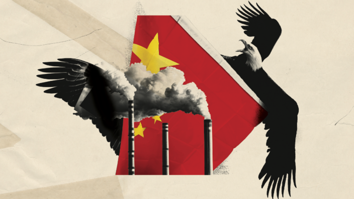 An illustration of an eagle emerging from behind a part of the Chinese flag and flapping its wings wildly. In front of the flag are three tall smoking chimneys.