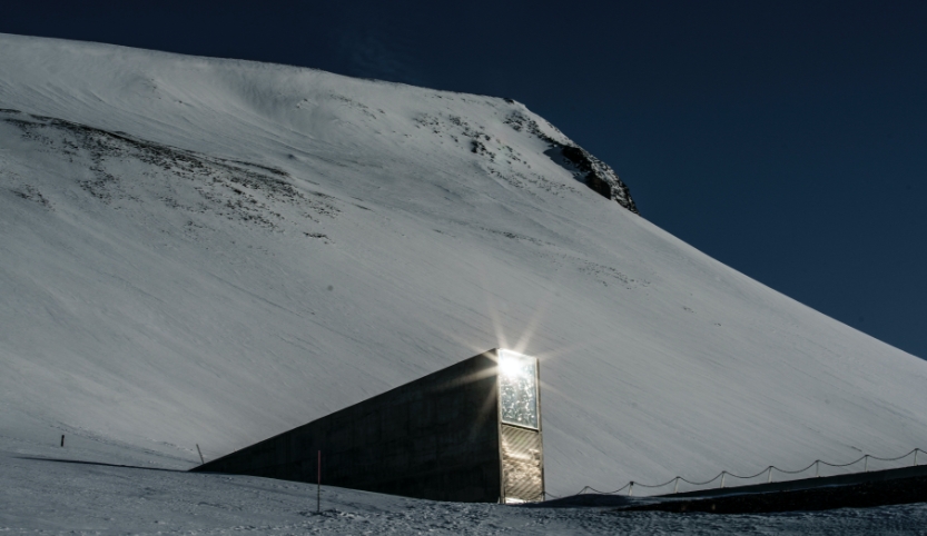 On a snow-covered mountain in Spitsbergen, there is a shiny gold door that leads into the mountain via an entrance.