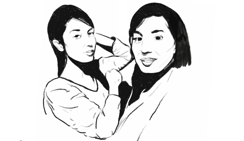 A portrait of two young women. Their upper bodies are facing each other. Both look at the viewer in a friendly way.