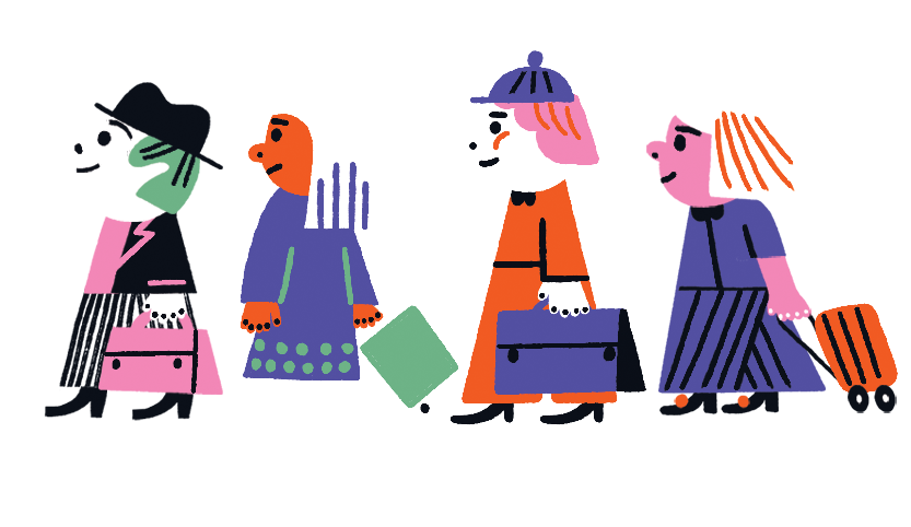 Eine bunte Illustration mit einer männlichen Figur und drei weiblichen Figuren, die hinter der männlichen Figur gehen und stehen. Alle tragen eine Tasche oder Koffer.