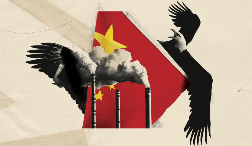 Eine Illustration von einem Adler, der hinter einem Teil der chinesischen Flagge hervorkommt und wild mit den Flügeln schlägt. Vor der Flagge stehen drei hohe rauchende Schornsteine.