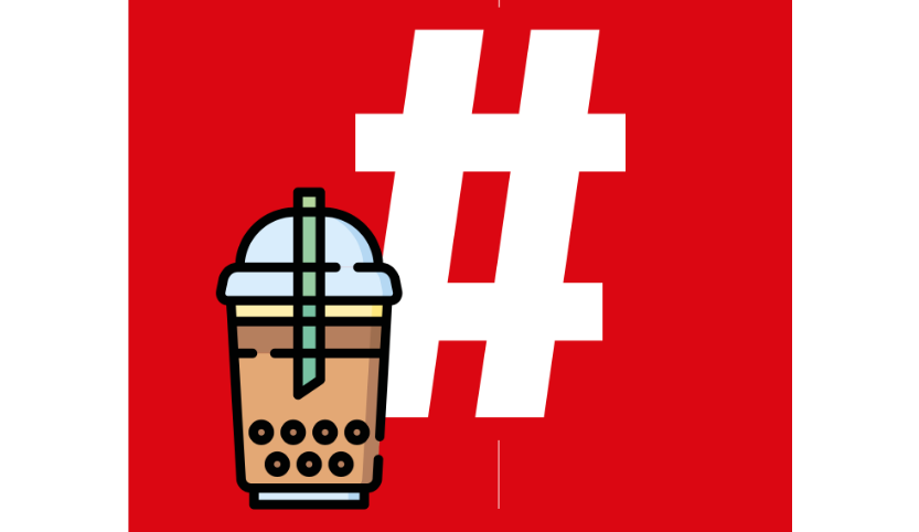 An illustration of a takeaway cup with a straw and small balls at the bottom of the cup and a hashtag against a red background.