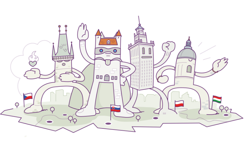 Eine Illustration von vier Figuren, die Wahrzeichen/Gebäude der Städte Prag, Budapest, Warschau und Bratislava darstellen. 