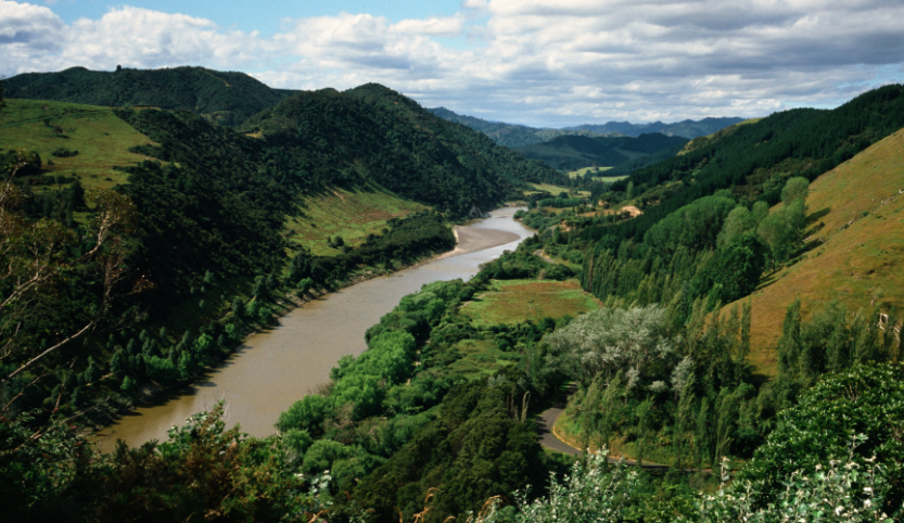 Ein Fluß schlängelt sich durch eine Hügellandschaft. Viele Bäume, Sträucher und Wälder wachsen am Flussufer.